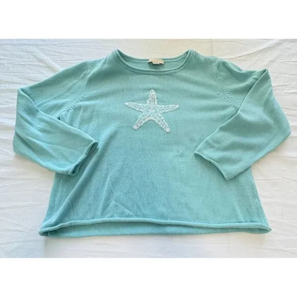 Appleseeds Petites Starfish Sweater Size PXL Turquoise Embroidered Beach Ocean - Picture 8 of 10